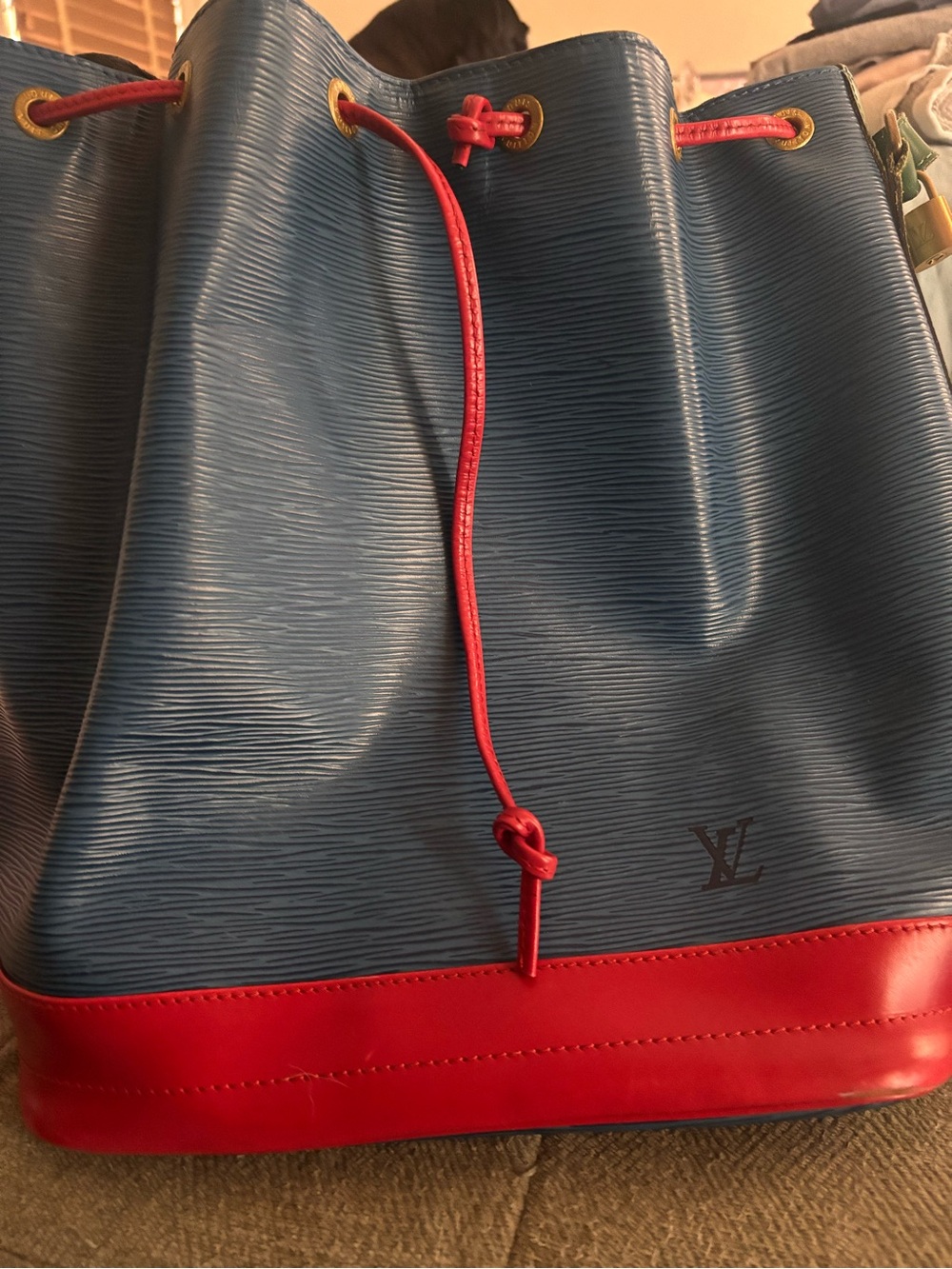 Authentic Louis Vuitton Epi Noé Bucket Bag Blue/Red/Green Leather with COA